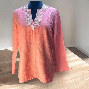 Lands’ End S Coral Linen Tunic Top Boho Embroidered Henley